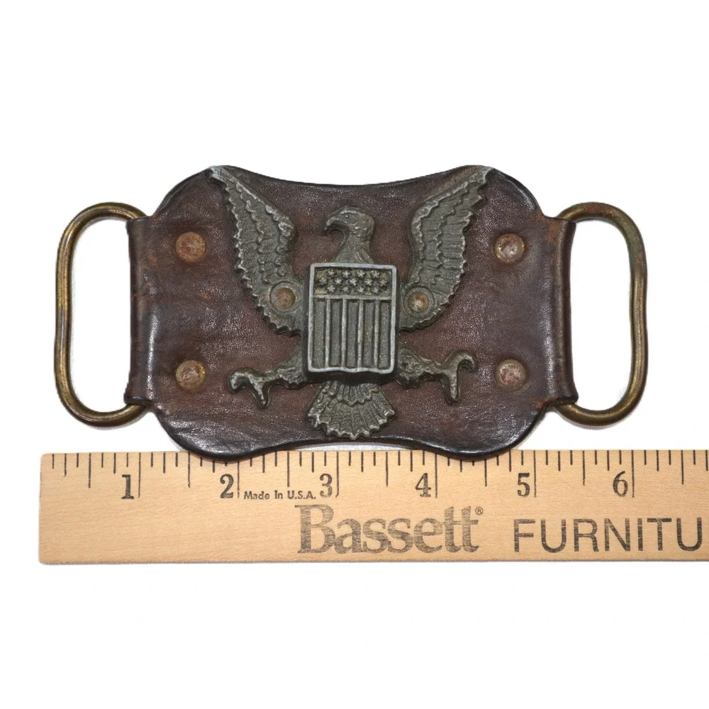 Vintage US Eagle Shield Leather Belt Buckle Americana Western Brown Distressed